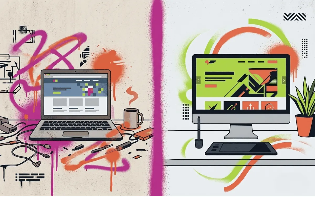 Urbane Split-Illustration – DIY-Website vs. professionelle Website