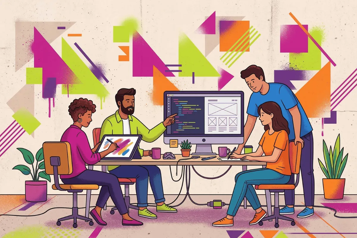 Illustration des Primal Pixel Teams bei der Zusammenarbeit