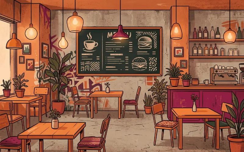 Urban-Stil-Illustration eines Restaurants mit Gästen