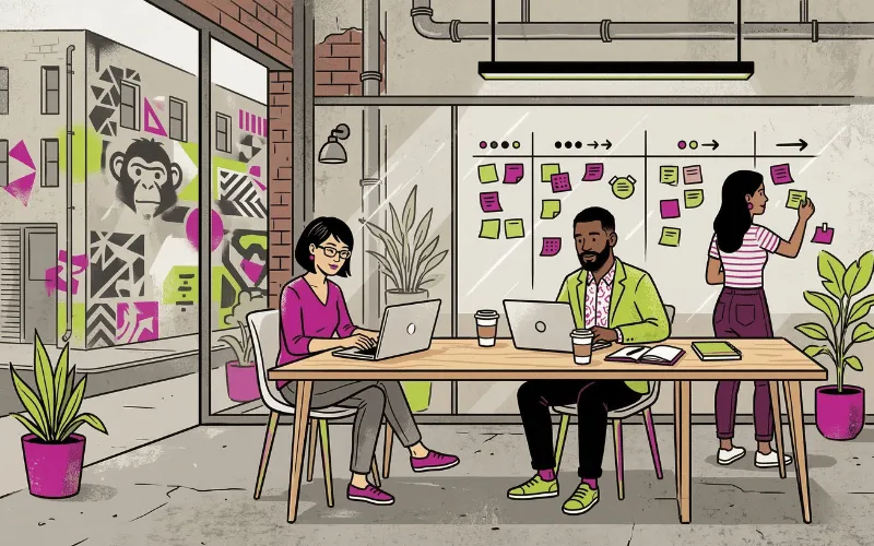 Urban-Stil-Illustration eines Startup-Teams am Laptop